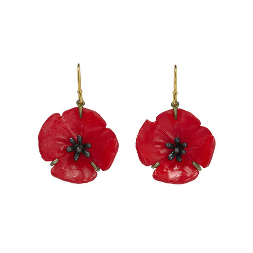 Red poppy hook earrings by Michael Michaud